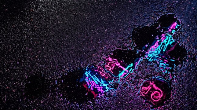 Abstract cyberpunk reflection in wet asphalt puddle with neon blue and pink lights