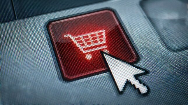 Cursor hovering over a red shopping cart button on a computer screen, representing online shopping