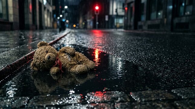 Sad teddy bear abandoned in a wet city street at night with reflections from streetlights and traffic signals