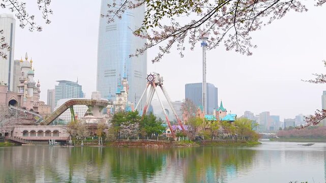View of Lotte World Adventure and Seokchon Lake During Spring in Seoul South Korea