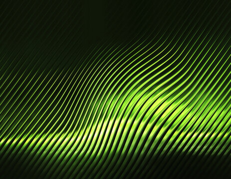 Abstract background with green metallic waves or stripes 3d rendering of wavy lines with a glossy texture, creating a dynamic and modern visual effect
