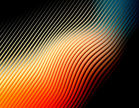 Abstract background with wavy lines, dynamic flow of glowing orange and blue light, modern digital art design with a sense of motion and energy