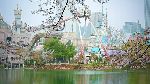 Lotte World Adventure Surrounded by Sakura Trees Across Seokchon Lake in Seoul