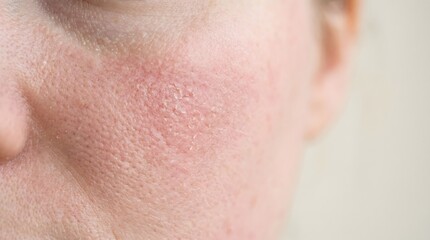 Close up of skin showing symptoms of redness and dryness on the cheek