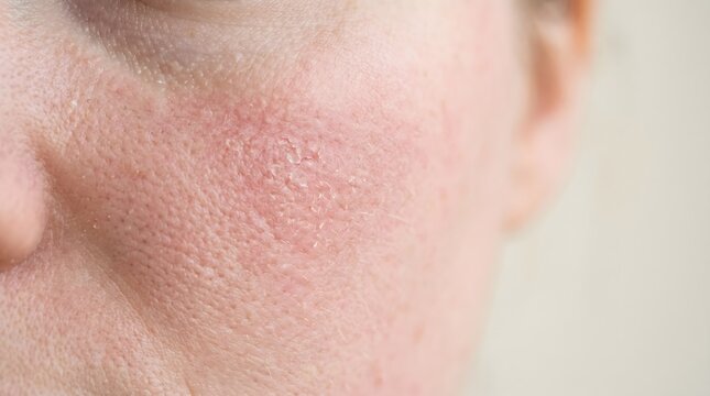 Close up of skin showing symptoms of redness and dryness on the cheek