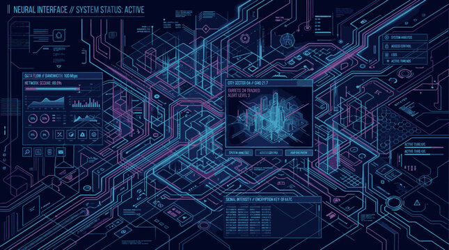 Blue circuit board with glowing connections.