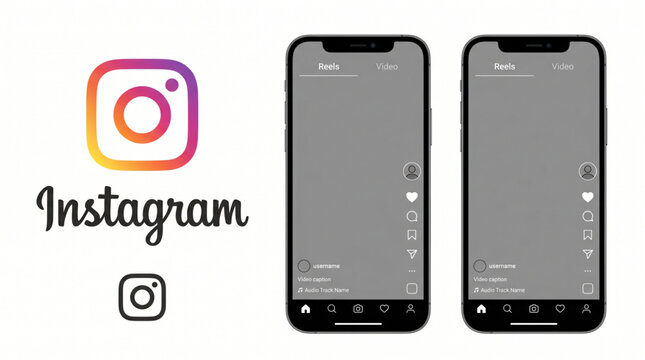 Instagram Reels mockup and social media application interface template. Smartphone screen editorial mobile app layout with video feed placeholder, brand logotype and icon. Set for developers.