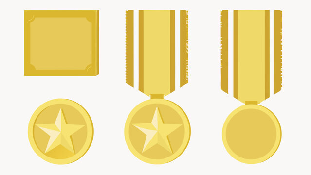 Golden medals and awards with star ribbon and blank plaque symbolizing achievement and victory