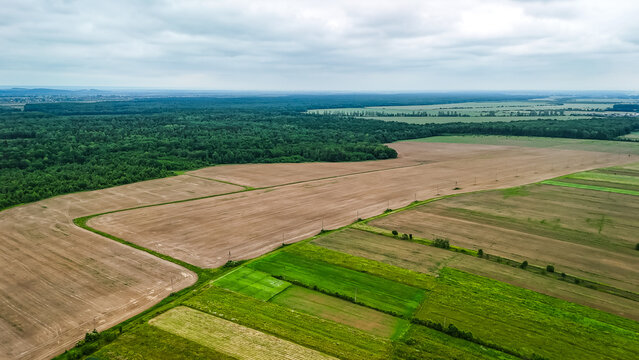 Aerial panorama of patchwork fields with a wide freshly plowed tract beside green meadows and forests. Agricultural textures define a productive rural landscape under soft light.