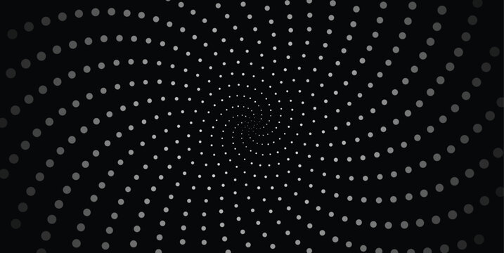 Abstract Spiral Dot Tunnel Background with Monochrome Particle Vortex on Black