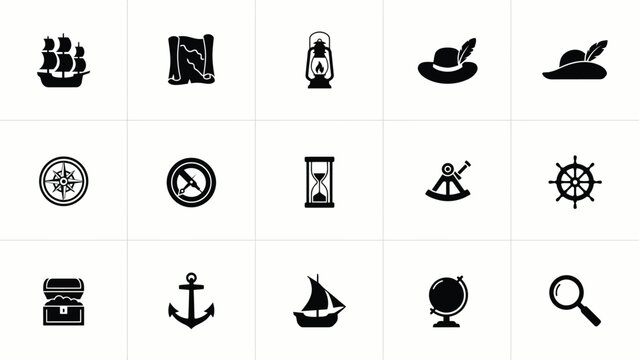 Vintage nautical navigation and sea exploration tools set in black silhouette collection.