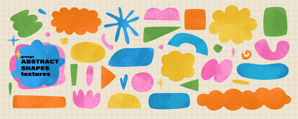 Naklejka premium Set of scrapbook design elements. Noisy grainy texture backgrounds, speech bubbles, clouds, place for text. Cut out paper style. School notes. Quote box, frame. Piece of paper. Hand drawn cute style.