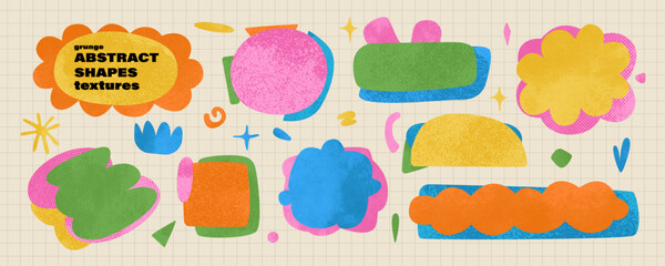 Naklejka premium Set of scrapbook design elements. Noisy grainy texture backgrounds, speech bubbles, clouds, place for text. Cut out paper style. School notes. Quote box, frame. Piece of paper. Hand drawn cute style.
