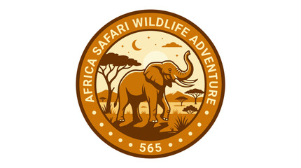 African elephant circular wildlife safari badge with acacia trees © selendang