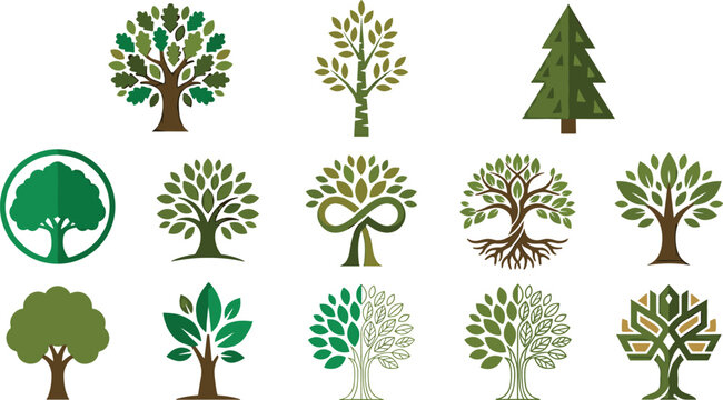 Tree logo vector icon set with green forest oak pine roots infinity ribbon symbols abstract nature environment corporate identity branding elements