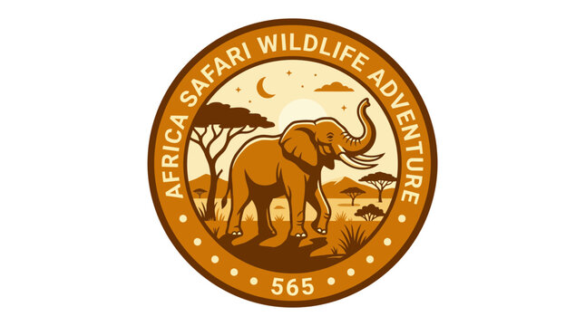 African elephant circular wildlife safari badge with acacia trees