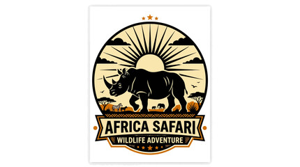 African rhino safari logo badge with setting sun rays. © selendang