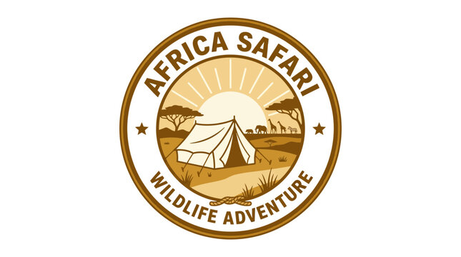 African safari camping emblem with tent and acacia trees.