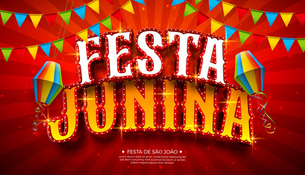 Festa Junina Celebration Banner Illustration with 3d Typography Lettering and Party Flag on Red Background. Vector Brazil June Sao Joao Festival Design Template for Post Card, Greeting Card, Holiday