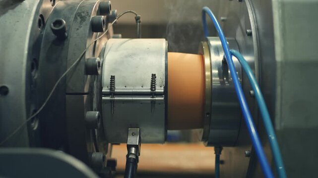 Cinematic macro zoom focusing on high-heat plastic extrusion inside a machine producing industrial PVC piping at a Pakistani factory.