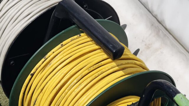 Close-up of yellow cable coiled on a reel beside a sports court, showing organized event production wiring and technical setup equipment.