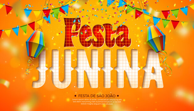 Festa Junina Banner Illustration with Paper Lantern, Party Flags and Cut Out Typography Lettering on Yellow Falling Confetti Background. Vector Brazil June Sao Joao Celebration Festival Design