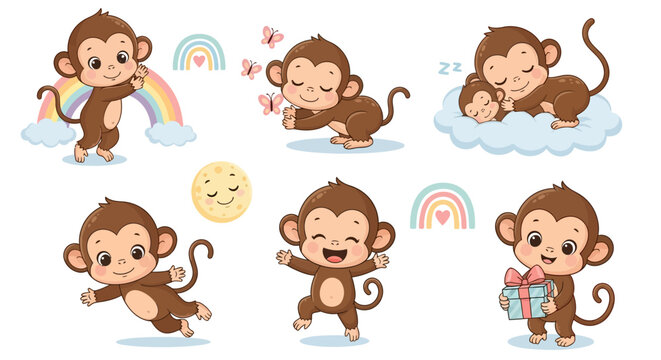 Cute Cartoon Monkey Set with Rainbows and Gifts, Happy Animals