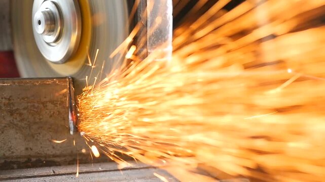 Metal grinding with sparks in industrial workshop