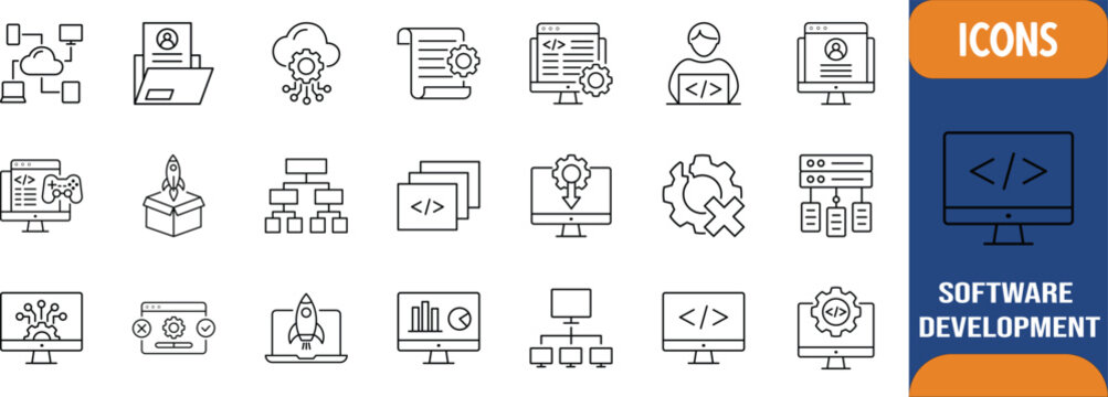 Software development engineering outline icons. monitor icon set, cloud icon set, server icon set