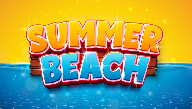 Summer Beach Banner Design with Typography Lettering in Vintage Wood Board on Tropical Ocean Landscape Background. Vector Vacation Holiday Illustration with Sunshine for Flyer, Invitation, Brochure