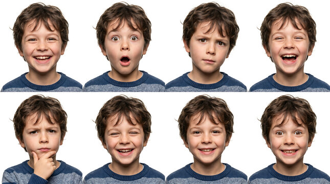 Grid of a young boy demonstrating a wide range of facial expressions and emotions for educational materials, psychological studies, and creative advertisements.
