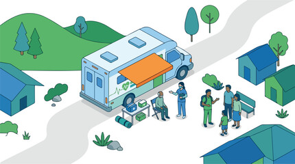 Fototapeta premium Mobile Clinic Serving Rural Community with Outdoor Healthcare Consultations and Medical Supplies
