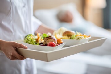 Naklejka premium A young adult female caregiver with fair skin in a white uniform carries a nutritious food tray to a patient resting in a bright hospital room.