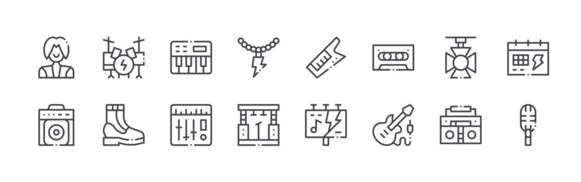 set of 16 thin line rock n roll icons such as rock star, amplifier, drum, boots, piano keyboard, mixer, necklace, stage, keytar. editable stroke vector illustration isolated on white