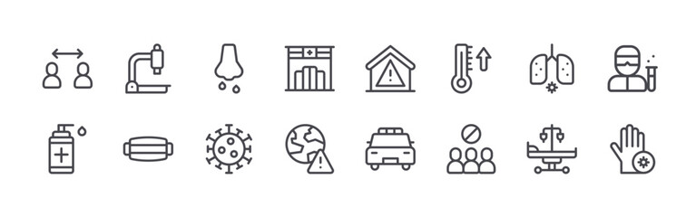 set of 16 thin line coronavirus icons such as safety, disinfectant, microscope, medical mask, runny e, coronavirus, phary, worldwide, quarantine. editable stroke vector illustration isolated on © Lukas