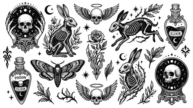 Mystical Skeletons and Skulls Elixir Poison Halloween Tarot Style Art Solar
