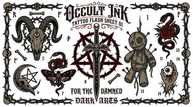 Occult Ink Tattoo Flash Sheet 01 Featuring Dark Arts Symbols