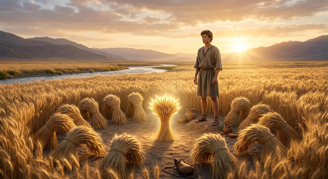Bible, A conceptual digital painting of a young, noble-looking Joseph standing in a field at sunset. In front of him, eleven sheaves of wheat bow down in a perfect circle toward his own upright,