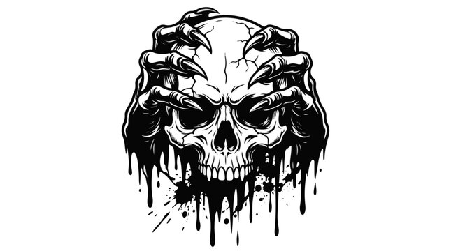Creepy Skull with Dripping Ink and Clawed Hands Monster Terror