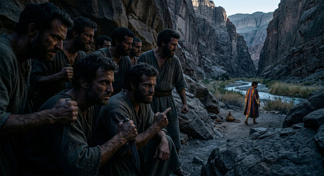 bible , A wide-angle, moody shot of the brothers huddled together in a deep, rocky canyon, whispering and gesturing towards Joseph in the distance. 