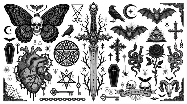 Dark Gothic Symbols Skull Butterfly Sword Heart Rose Ram Skull and Bats