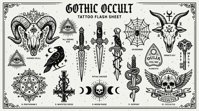 Gothic Occult Tattoo Flash Sheet with Occult Symbols and Imagery