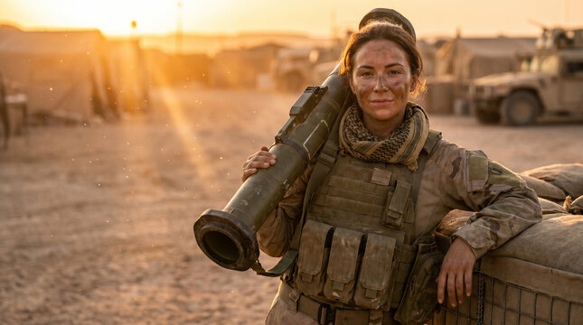 Beautiful female soldier in a military base holding an anti-tank weapon with the sun directly in the background