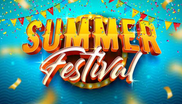 Summer Festival Banner Design with Light Bulb Billboard and 3d Typography Lettering on Falling Confetti Background. Vector Party Holiday Illustration with Party Flag for Flyer, Invitation, Brochure