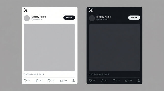 X social media post mockup. Set screen mobile application interface template with light and dark mode. Editorial UI profile page with engagement icons, follow button, and placeholder illustration.