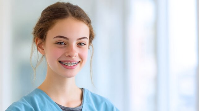 Young Woman with Braces and Blue Scrubs: A close-up portrait of a young woman, possibly a medical student or professional, wearing blue scrubs and visible dental braces, smiling warmly.