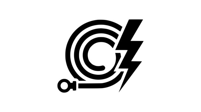 A dynamic technical vector featuring a rolled utility hose paired with a sharp lightning bolt spark, symbolizing high energy, electric charging, and industrial power supply.