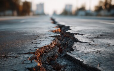 Fototapeta premium Macro Photography of Heavily Cracked and Damaged Road Surface