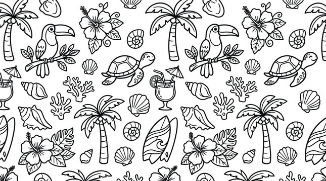 Summer tropical beach doodle pattern with palms and turtles tropical cocktail