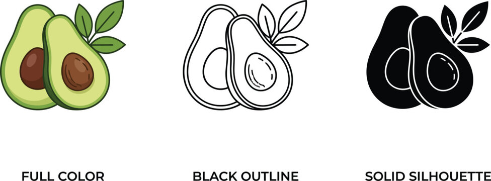 Avocado design variations full color black outline and silhouette with vegetable